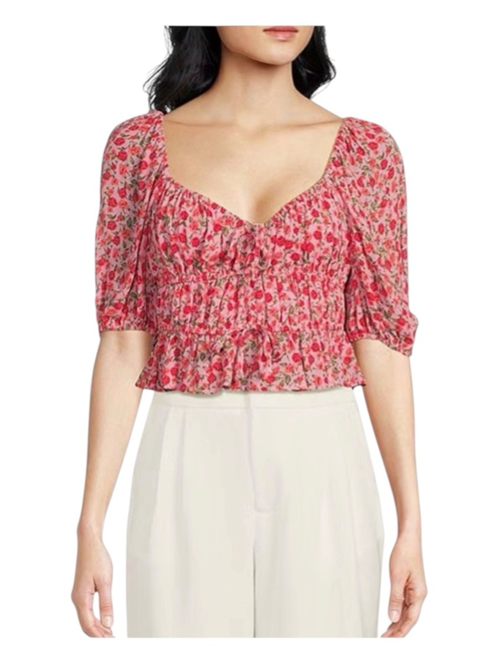 WAYF Floral Ruched Sweetheart Neckline, Short Sleeve Top, Size M.